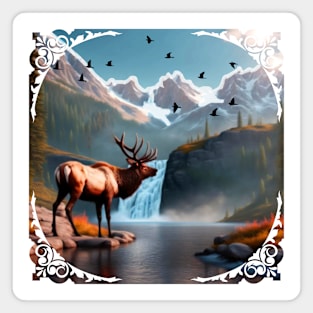 Abstract Landscape With Waterfall, Snowy Peaks, Elk Magnet